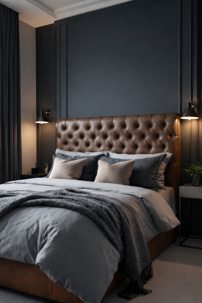 A modern bedroom featuring a tufted brown leather headboard, gray bedding, and decorative pillows in shades of gray and beige. There are bedside lamps with soft lighting, dark curtains, and a small potted plant on a side table.