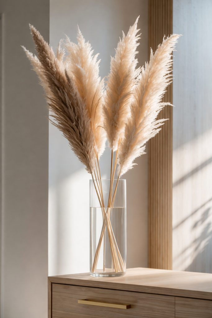 Pampas grass in a glass vase that brings natural texture to the entryway
