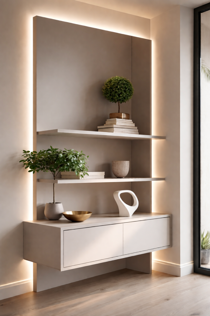 Backlit floating shelves with sculptural decor and greenery in an entryway 