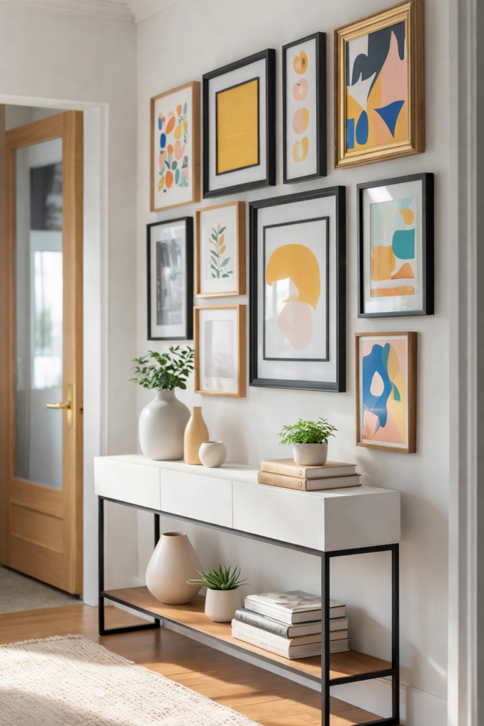 Gallery wall with art prints in an entryway