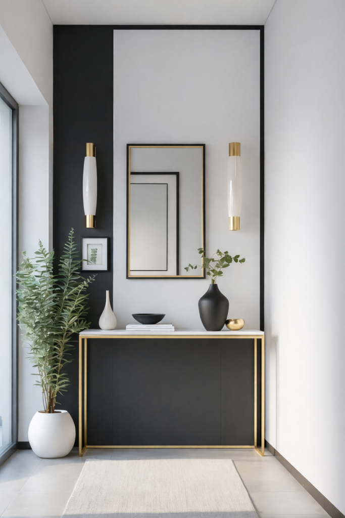 Black and white accent wall with gold details and symmetrical sconces