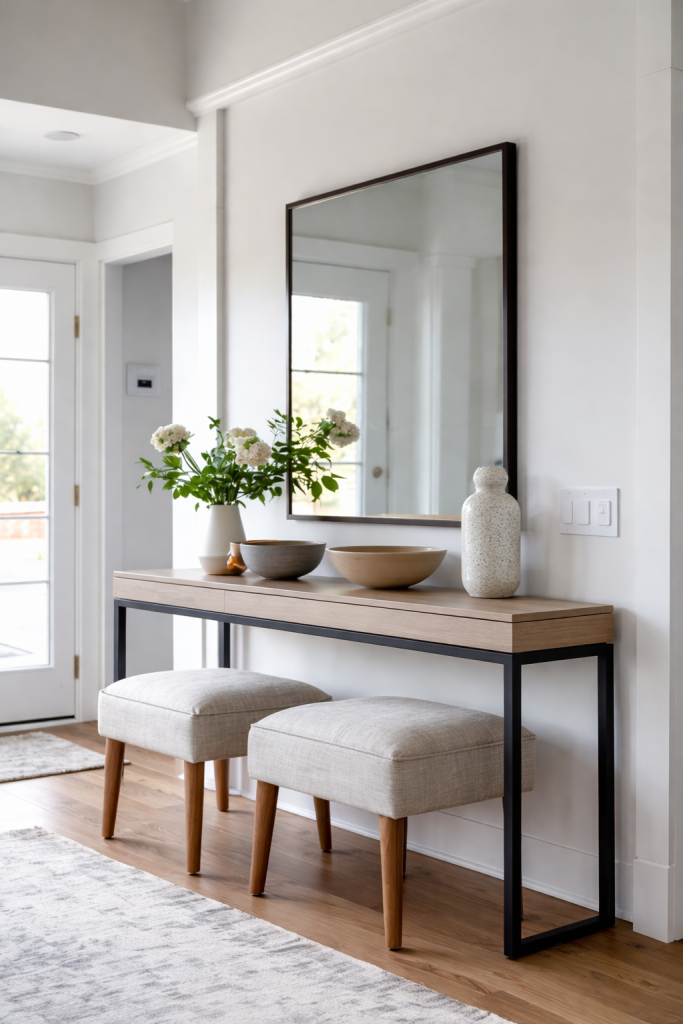 A slim console paired with cushioned in a welcoming, functional entryway. 