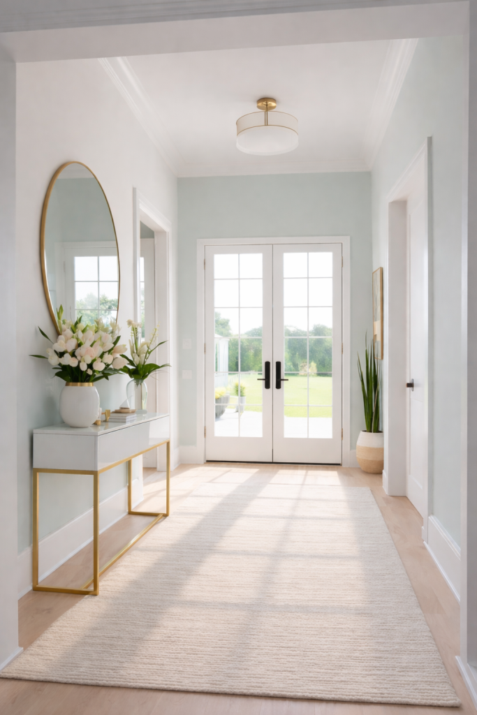 Entryway with a gold-accented console, a gold-framed mirror, and fresh florals