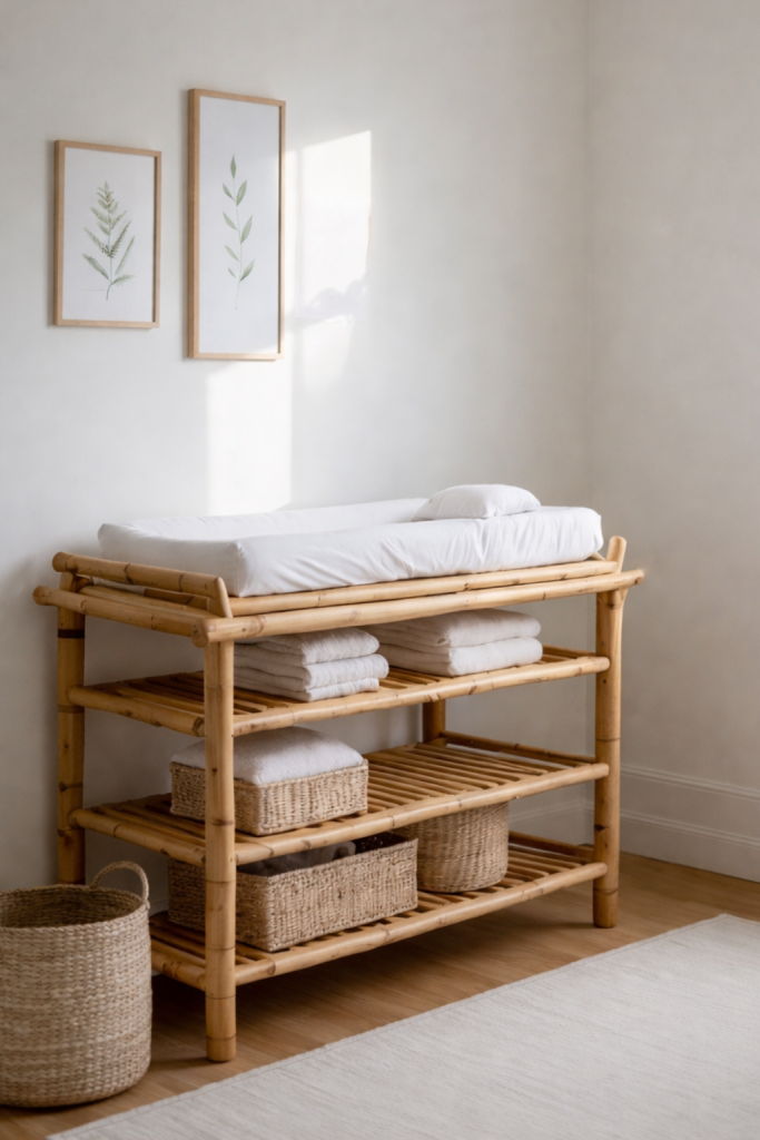 A bamboo shelving unit with a changing pad on top, featuring neatly stacked white towels and woven baskets on the shelves beneath, surrounded by soft natural light in a neutral-toned room.