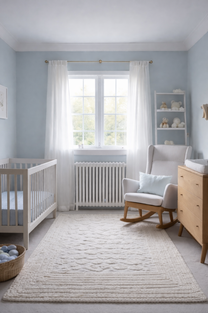 A softly lit nursery featuring a white crib with a light blue mattress, a rocking chair with a light blue pillow, and a wooden dresser. Light curtains frame a large window overlooking greenery, while a ladder shelf displays soft toys. The floor is covered with a textured cream-colored rug.