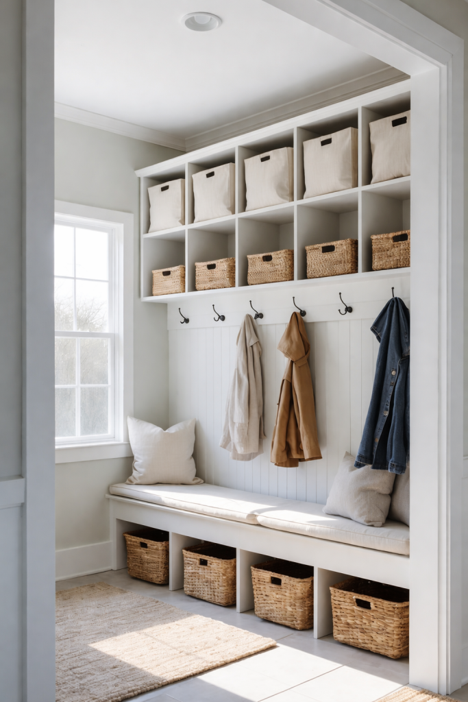 A modern mudroom featuring a built-in bench with a cushion, surrounded by light gray walls. Above the bench, there are white shelving units with cream-colored storage bins and woven baskets below. Several coats hang from hooks on the wall, and a window provides natural light to the space.