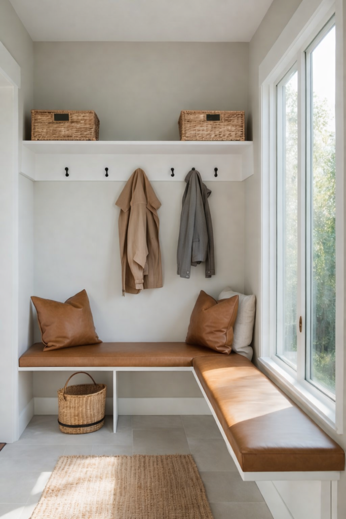 A modern entryway features a built-in bench with brown leather cushions, two decorative pillows, and a small woven basket below. Above the bench, a shelf holds two wicker baskets, and two coats are hanging on black hooks against a light gray wall, with a large window providing natural light.