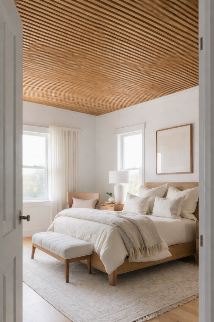 A bright and airy bedroom featuring a wooden ceiling with horizontal slats. The bed, adorned with white and cream bedding, is positioned in the center, accompanied by a light-colored bench at the foot. To the side, a cozy armchair complements a wooden nightstand with a lamp and a small plant. Large windows with sheer curtains allow natural light to fill the space.