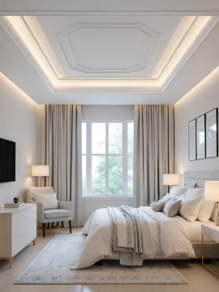 A modern and elegant bedroom featuring a large window with sheer curtains, a neatly made bed with various pillows and throws, a light-colored dresser with a television above, a cozy armchair in the corner, and a decorative rug on the floor, all illuminated by soft ambient lighting from the ceiling and lamps.