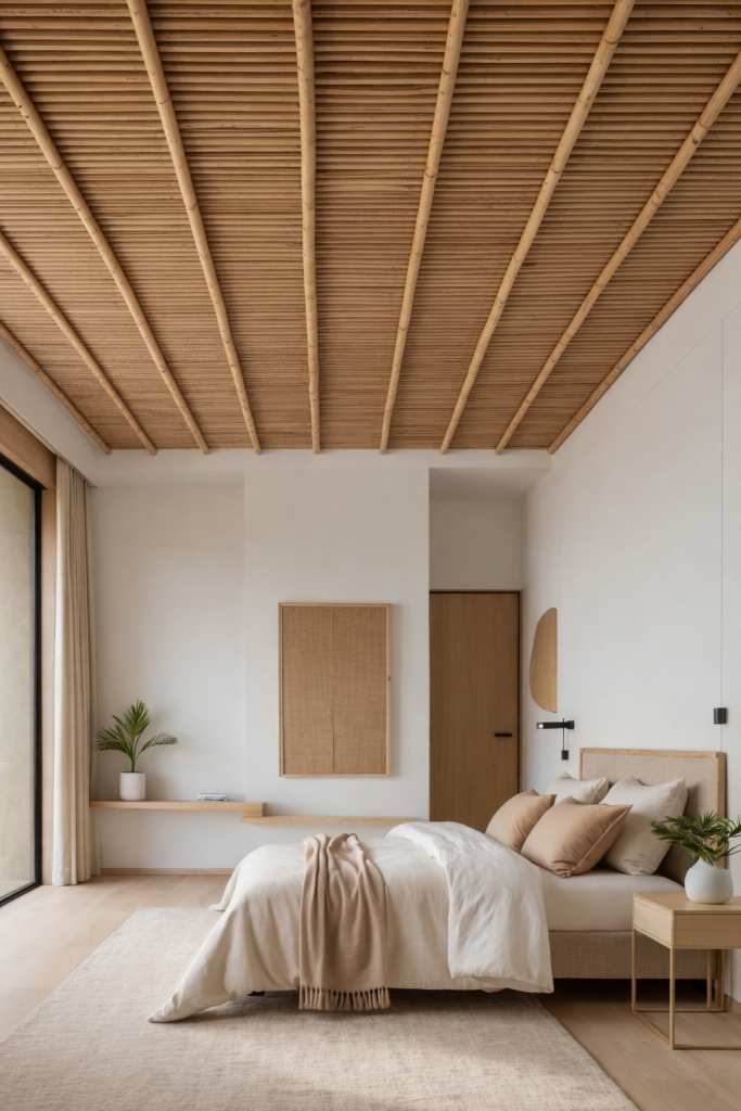 A modern bedroom featuring a light color palette, wooden ceiling beams, a cozy bed with neutral bedding and pillows, a small nightstand, and a decorative plant on a shelf next to a large window with soft curtains, enhancing the airy and minimalist aesthetic.