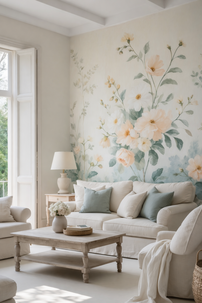 A bright living room featuring a floral wallpaper with soft peach and white flowers, a light-colored couch adorned with blue pillows, a wooden coffee table with a small vase of flowers, and a lamp beside a window that lets in natural light.