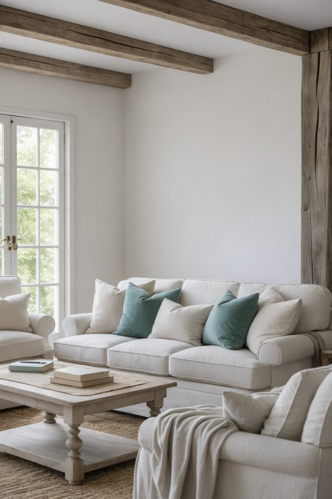 A cozy living room featuring a light-colored sofa with green accent pillows, a wooden coffee table with books on it, and a soft throw draping over a nearby chair, all surrounded by large windows letting in natural light.