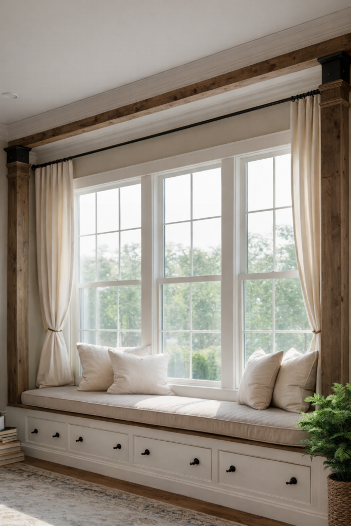 A cozy window seat with a plush cushion and decorative pillows, situated beneath large windows with cream-colored curtains, framed by rustic wooden beams. The scene includes a small plant and a stack of books on the side.