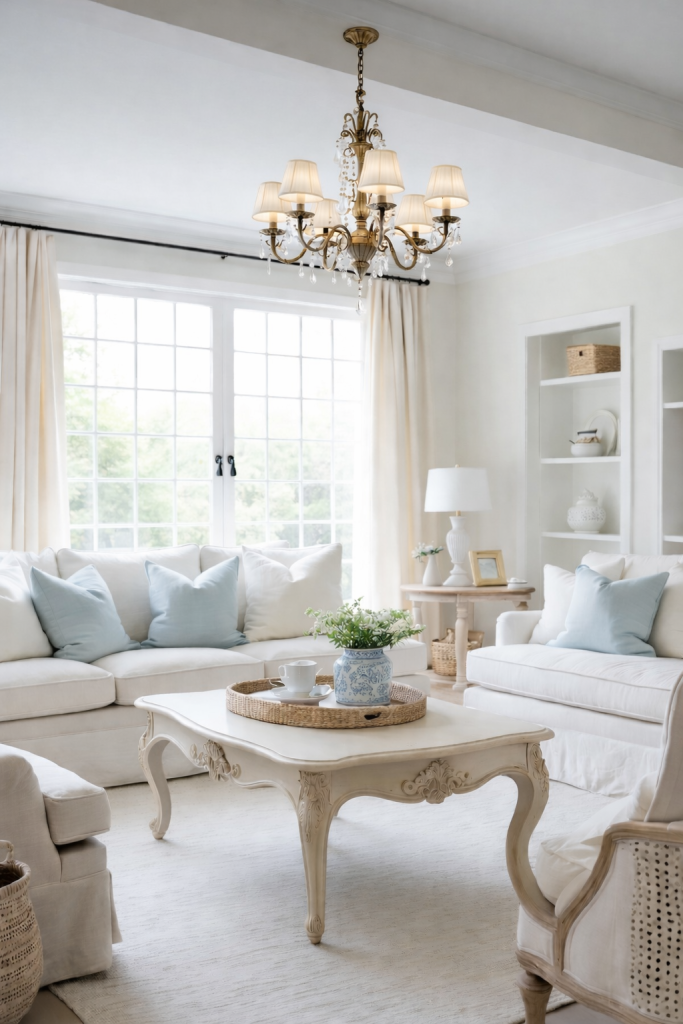 A bright and airy living room featuring two white sofas with light blue pillows, a decorative coffee table with a woven tray holding a teacup and a blue pot with greenery, and large windows draped with light curtains. A chandelier hangs from the ceiling, and a small side table with a lamp is visible next to the sofas.