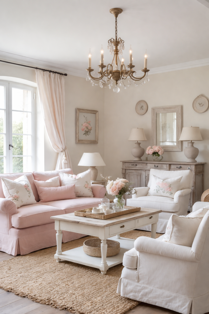A cozy, elegantly decorated living room featuring a light pink sofa with floral pillows, a white armchair, and a wooden coffee table with a decorative tray. A chandelier hangs from the ceiling, and soft light filters through large windows with sheer curtains. The room includes a floral painting on the wall and a stylish side table with a lamp and a vase of pink flowers.
