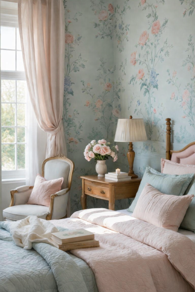 A cozy bedroom featuring light floral wallpaper with pastel-colored accents. A bed adorned with a pink and blue quilt is paired with soft pillows, while a wooden bedside table holds a vase of pink flowers, a candle, and stacked books. A light curtain drapes over a window, allowing natural light to fill the room.