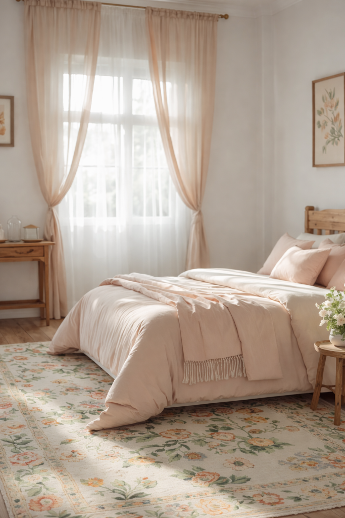 A cozy bedroom featuring a soft pink bedspread with matching pillows, light sheer curtains framing a window, and a decorative floral area rug. A wooden bedside table holds a glass and a small decorative box, while a vase of flowers sits on a wooden stool.