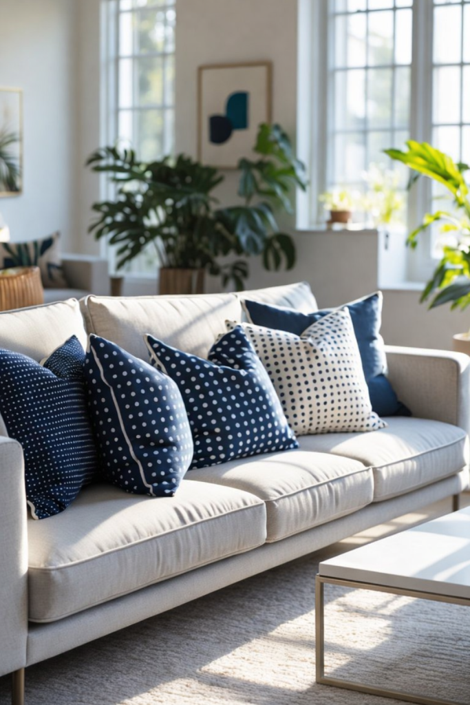 A light-colored sofa adorned with various navy and white patterned throw pillows sits in a bright, airy room with large windows and indoor plants, casting soft shadows on a light-colored rug and a minimalist coffee table.