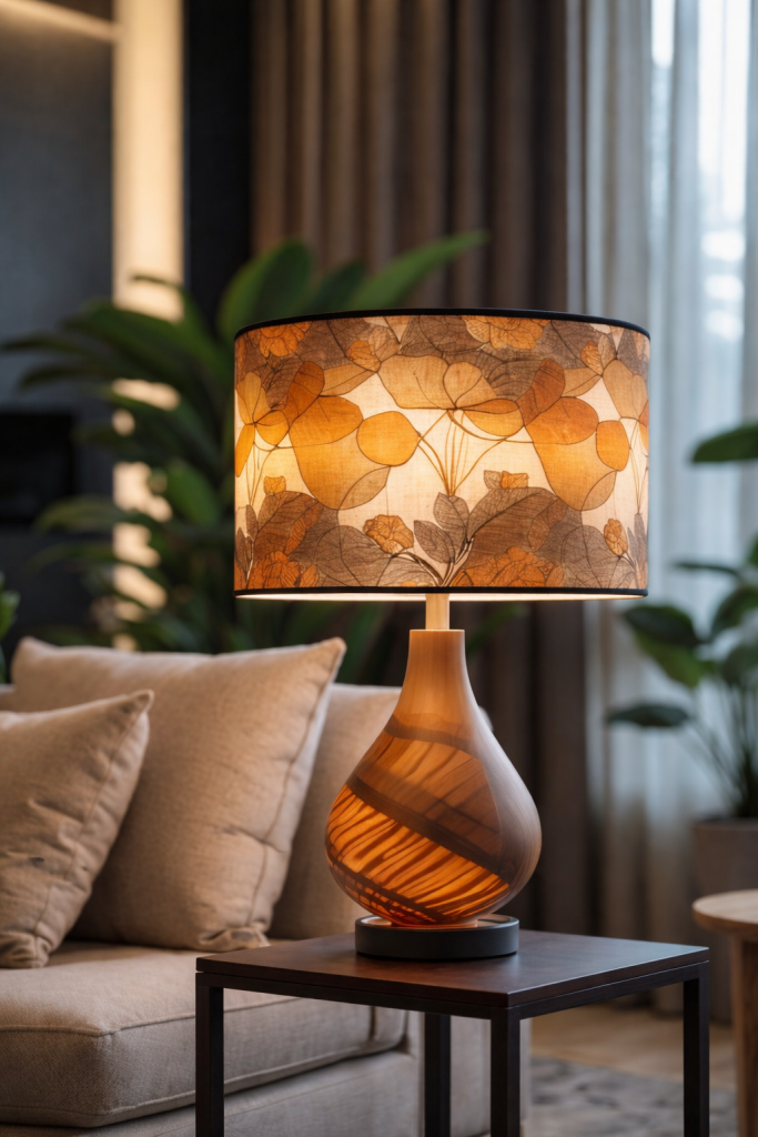 A stylish lamp with a floral patterned shade emits soft light, sitting on a wooden table near a beige sofa with plush pillows, surrounded by lush green plants in a cozy living space.