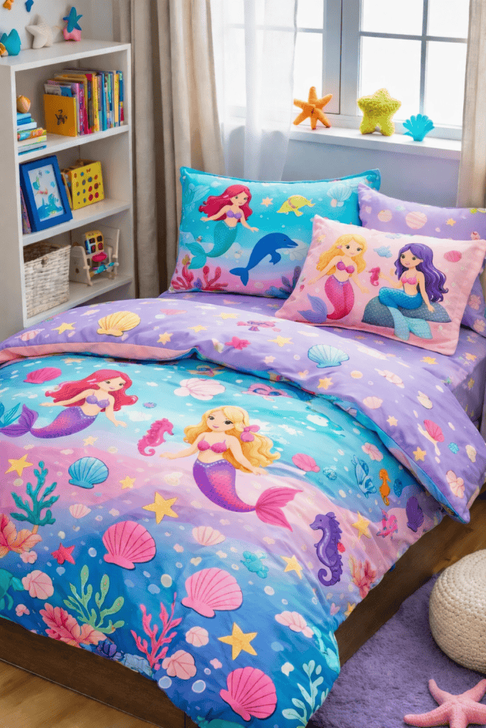 A colorful bedding set featuring cartoon mermaids, dolphins, and sea creatures, set on a bed in a bright children's room with bookshelves, decorative starfish, and curtains.