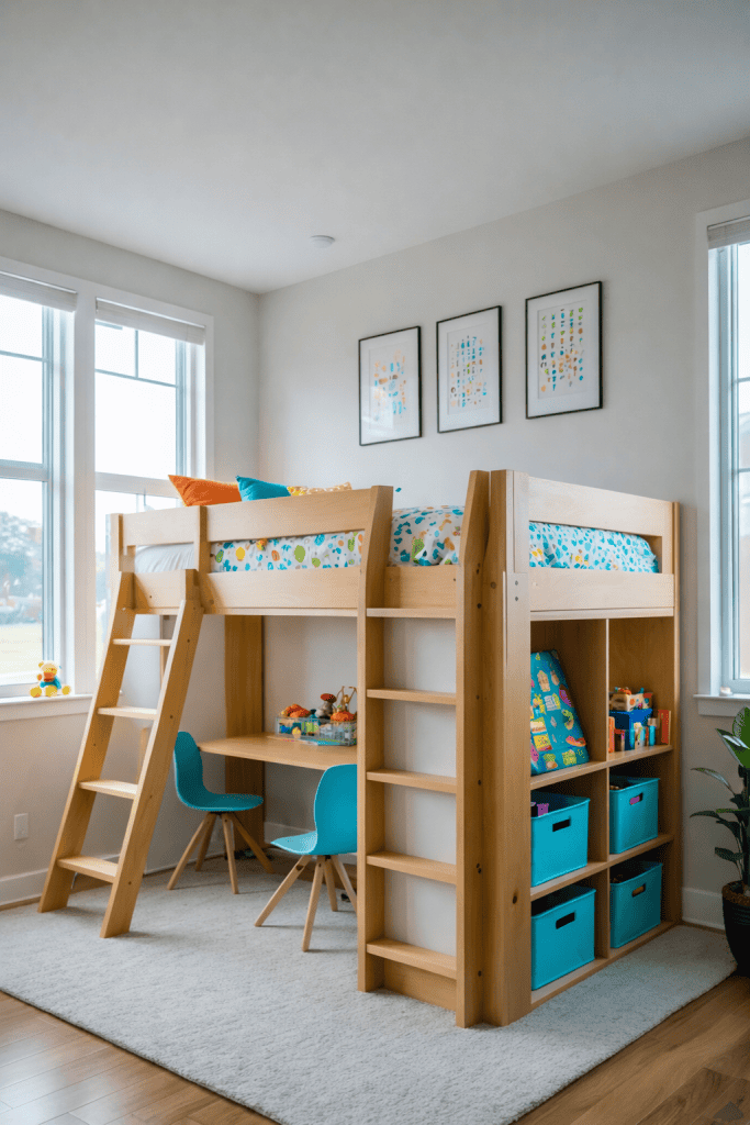 A children’s bedroom featuring a wooden loft bed with colorful bedding, a small desk with teal chairs, and shelves with storage bins. The room has large windows letting in natural light, and there are framed artwork and a plush area rug on the floor.