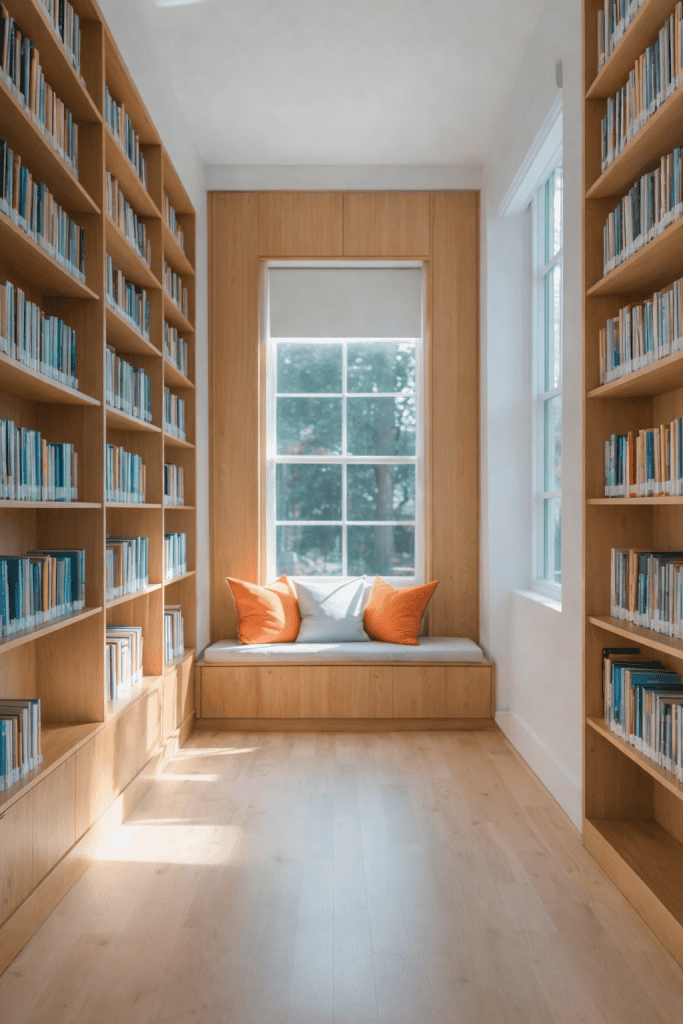 A cozy reading nook in a modern library featuring wooden shelves filled with books on either side, a large window with a light shade allowing natural light to filter in, and a cushioned bench adorned with orange and white pillows.