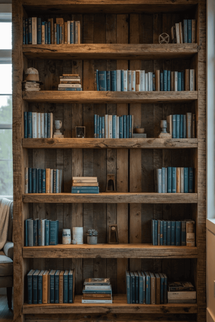 A wooden bookshelf with multiple shelves filled with a variety of books in shades of blue, green, and white, interspersed with decorative items such as a small plant, a trophy, and a sand timer, set against a rustic wooden backdrop.