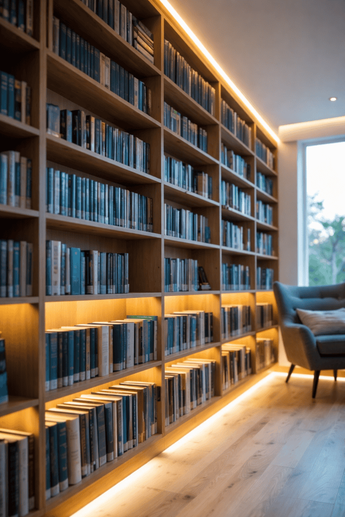 A cozy library with wooden shelves filled with books, lit softly from below, and a comfortable gray armchair in the corner, next to a large window that offers a view of the outdoors.