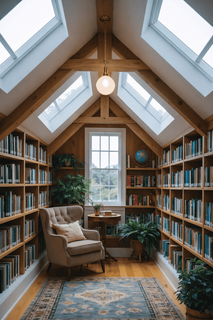 A cozy corner of a library featuring tall wooden bookshelves lined with books, a large window surrounded by wooden beams, and a comfortable upholstered armchair with a pillow. A small round table beside the chair holds a potted plant, while greenery is present in the room, enhancing the inviting atmosphere.