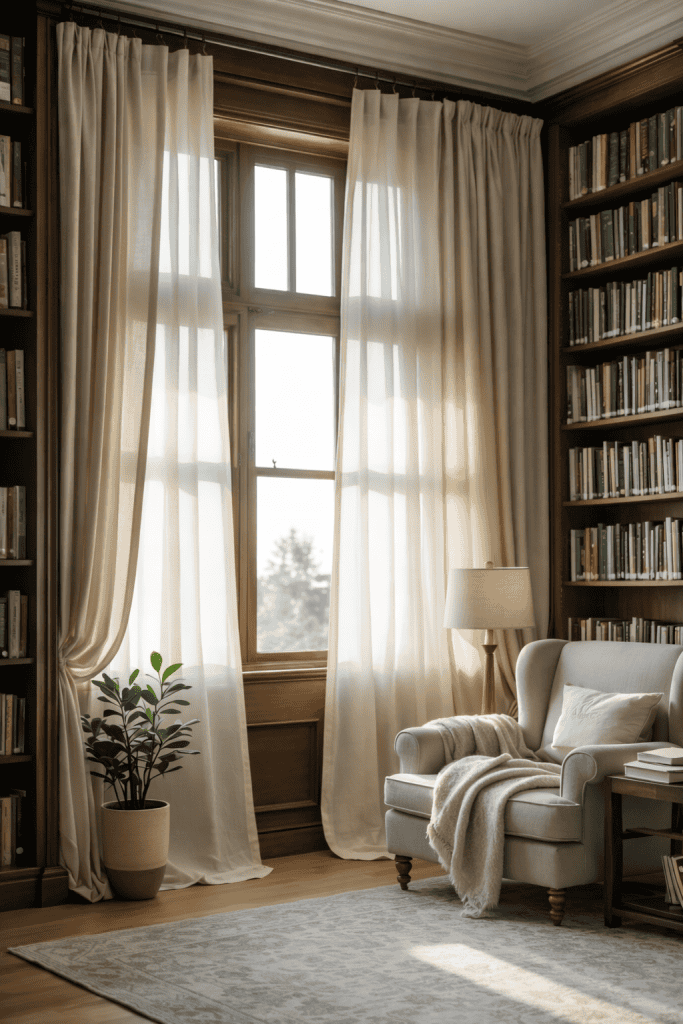 A cozy reading nook featuring a light-colored armchair with a throw blanket, beside a small table and a standing lamp. Large, sheer curtains frame a window that lets in soft sunlight, and a potted plant sits on the floor nearby. A bookshelf filled with books lines the wall.