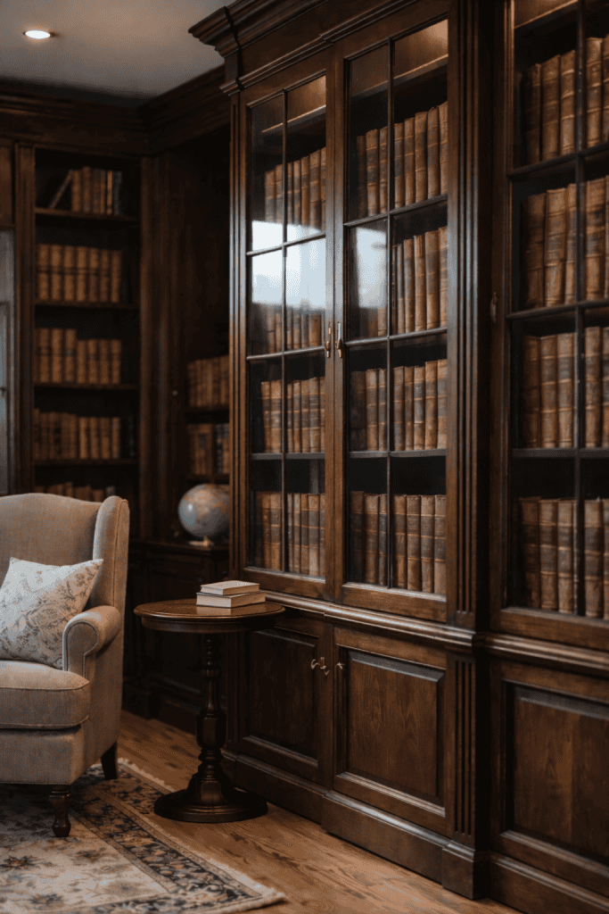 A cozy library scene featuring a large wooden bookshelf filled with antique books, a comfy armchair with a decorative pillow, a small round table with stacked books, and a globe, all set on a wooden floor with a patterned rug.