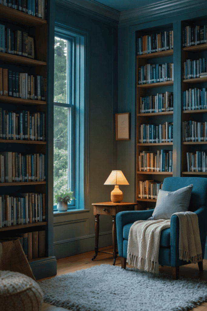 A cozy reading nook featuring a blue armchair draped with a textured blanket, beside a wooden side table with a lamp, surrounded by bookshelves filled with books and a window showcasing greenery outside.