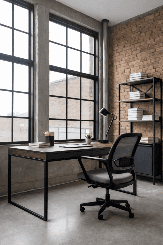 A modern workspace featuring a wooden desk with a laptop, some books, and small plants beside a black lamp, set against large industrial-style windows with a view of a brick wall.