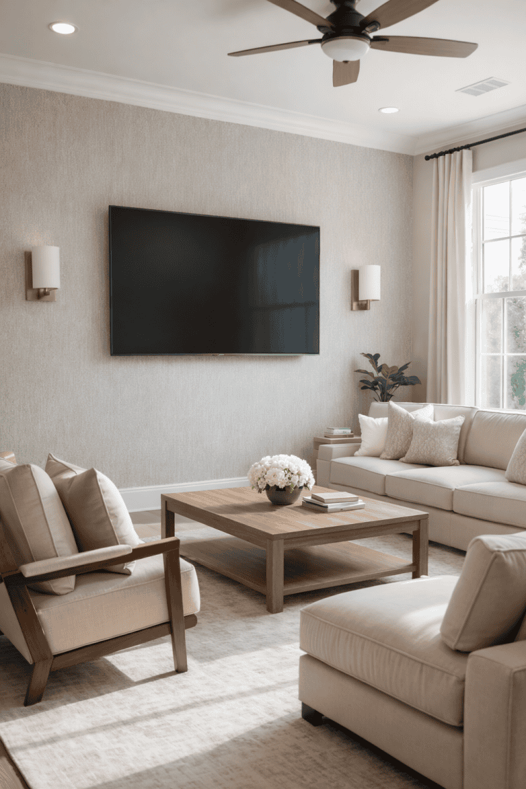 A modern living room featuring a large flat-screen TV mounted on a textured wall, two beige upholstered armchairs, and a light-colored sectional sofa with decorative pillows. A wooden coffee table sits in the center, adorned with a round vase of white flowers and a few books, all set on a soft area rug.
