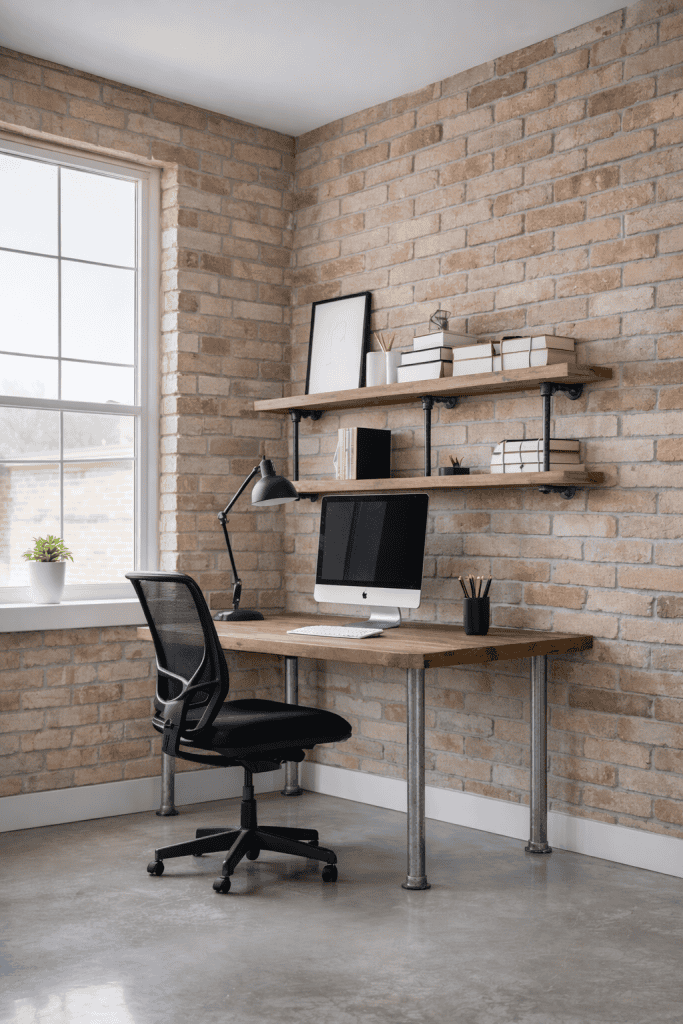 A modern home office setup featuring a wooden desk with a computer, an adjustable black office chair, and a sleek desk lamp. Above the desk, there are two wooden shelves with neatly organized books, a plant, and decorative items against a backdrop of exposed brick walls and a large window.