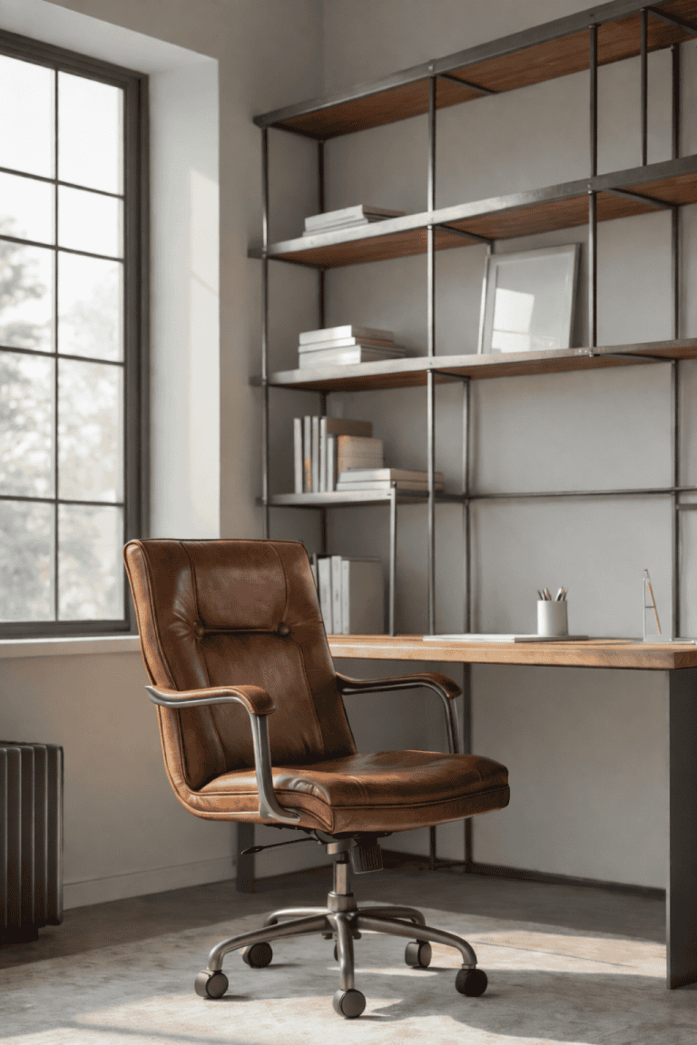 A comfortable brown leather office chair with a wheeled base is positioned in a bright workspace, featuring large windows and a modern wooden desk alongside a metal bookshelf filled with books and decorative items.
