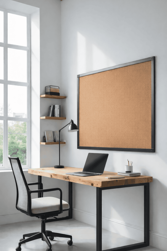A modern home office setup featuring a wooden desk with a laptop, a desk lamp, and a small container with pens, alongside a mesh office chair. There are two wooden shelves on the wall holding books and a corkboard above the desk. Large windows provide natural light and a view of greenery outside.