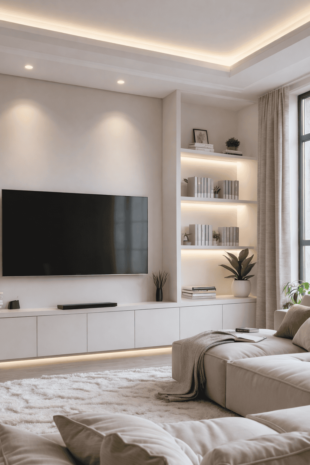 A modern living room featuring a large flat-screen TV mounted on a light-colored wall, a sleek white media console with shelves displaying books and decorative plants, a plush white rug covering the floor, and a cozy beige sectional sofa with accent pillows, illuminated by soft ceiling lights and natural light coming through a window.