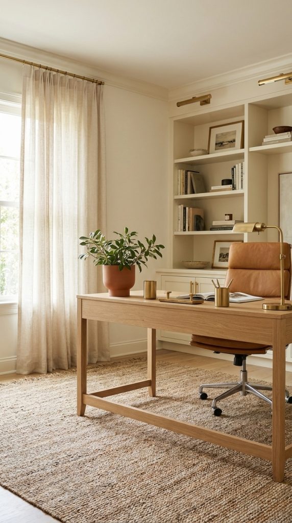 A modern home office with a wooden desk, featuring a potted plant, a tan leather office chair, and various stationery items. Natural light filters through sheer beige curtains, highlighting built-in shelves with books and decorative items in the background. A woven rug covers the floor.