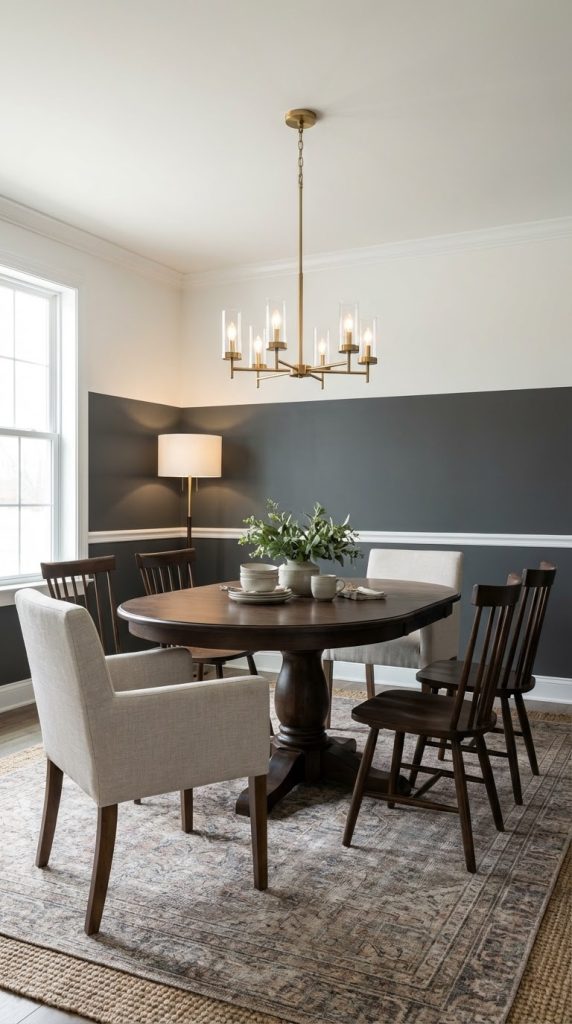 Transitional dining room idea with slate gray paneled walls, round hardwood pedestal table, mixed wood and linen chairs, faded traditional rug, brass chandelier with glass sleeves, and white crown molding.
