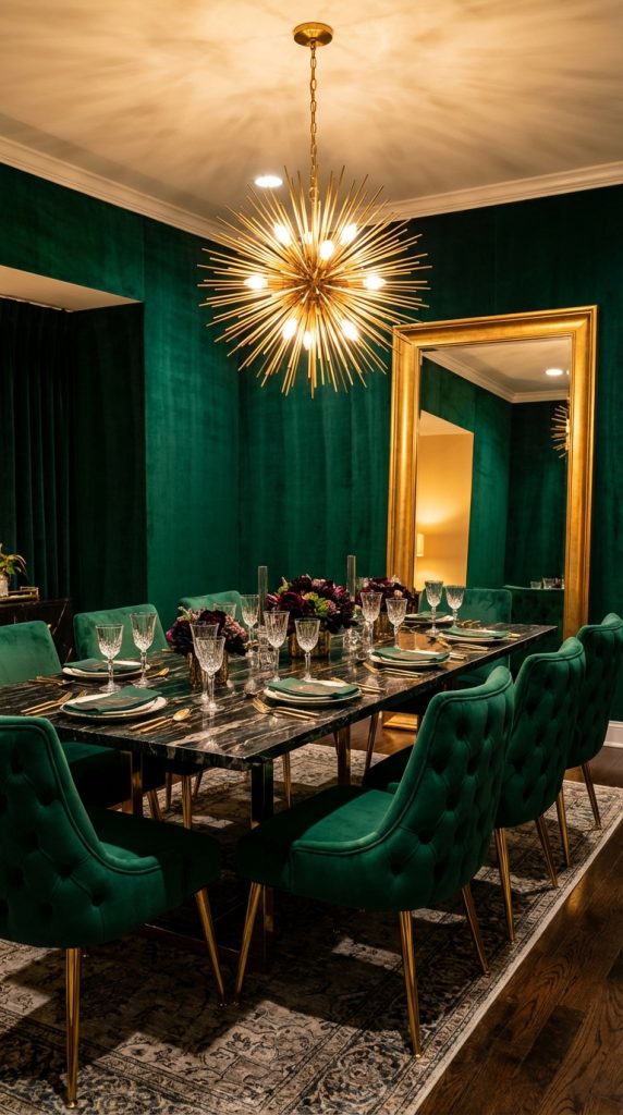 Jewel-toned glam dining room featuring green velvet chairs, marble dining table with brass legs, and a sputnik chandelier against emerald walls.
