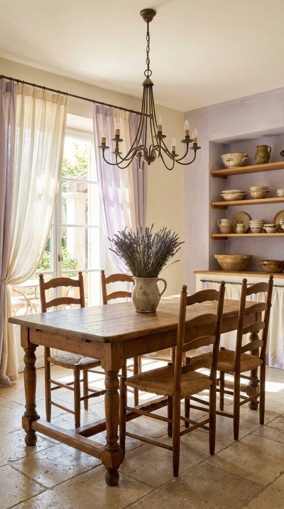 Mediterranean dining room idea with lavender plaster wall, rustic wood table, rush-seat chairs, iron chandelier, open shelving with pottery, and stone tile floor.