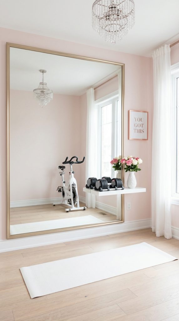 Glam-inspired home gym decor idea with blush pink walls, gold oversized mirror, crystal chandelier, floating shelf with dumbbells, white yoga mat, and stationary bike.