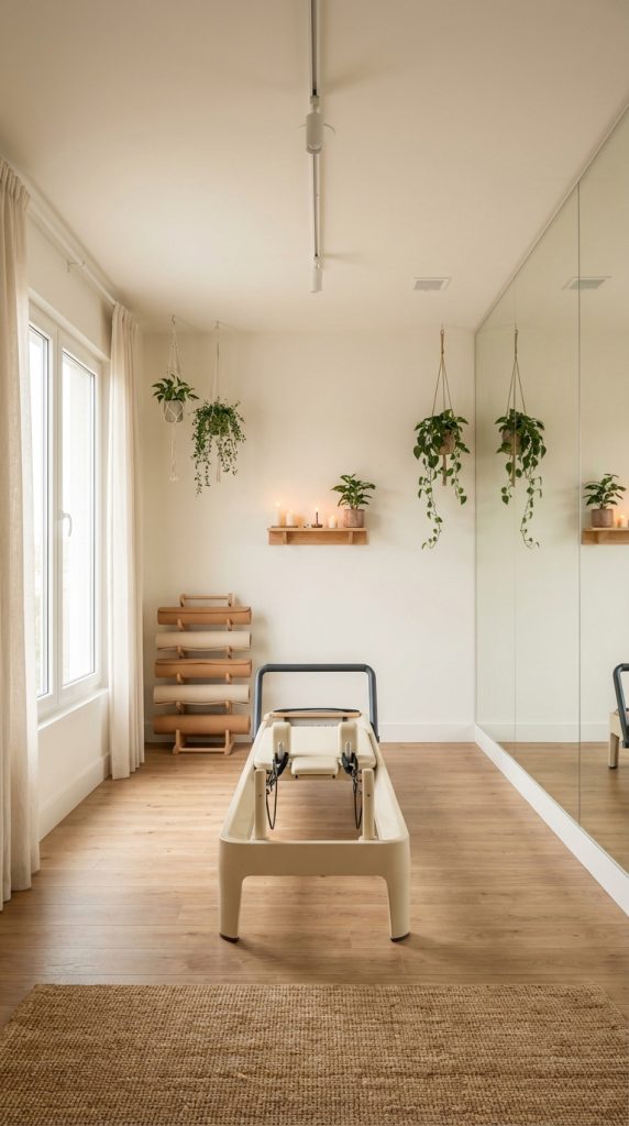 Serene home gym decor idea with Pilates reformer, mirrored wall, floating wood shelf with candles, hanging plants, bolster rack, and warm wood flooring.