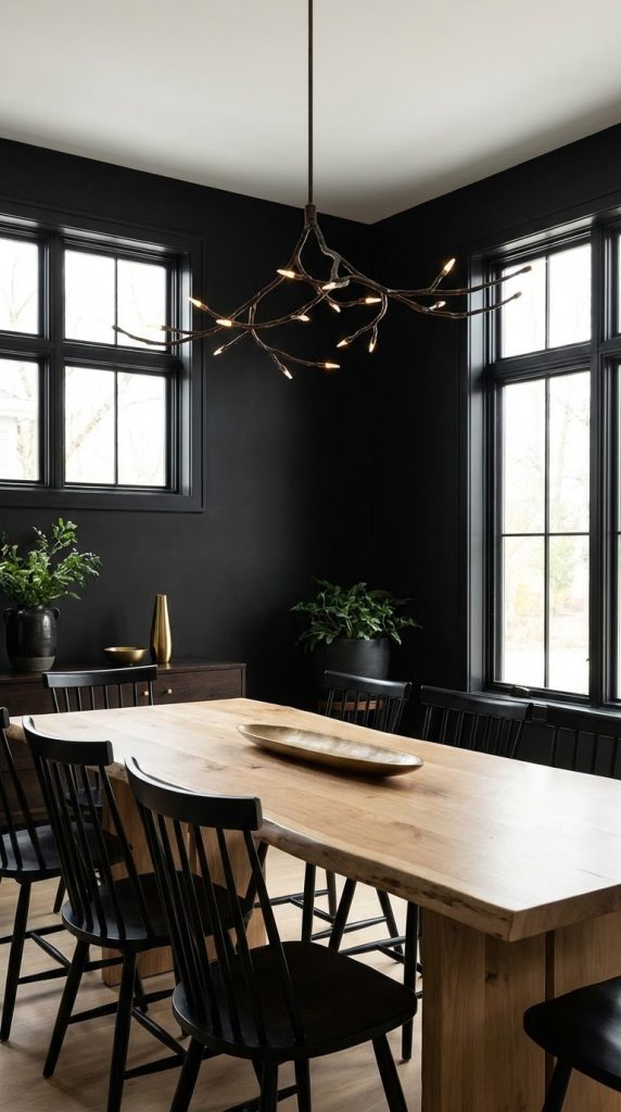 Moody dining room idea featuring matte black walls, live-edge solid oak dining table, black spindle-back chairs, branch-style metal chandelier, grid windows, and brass decor accents.