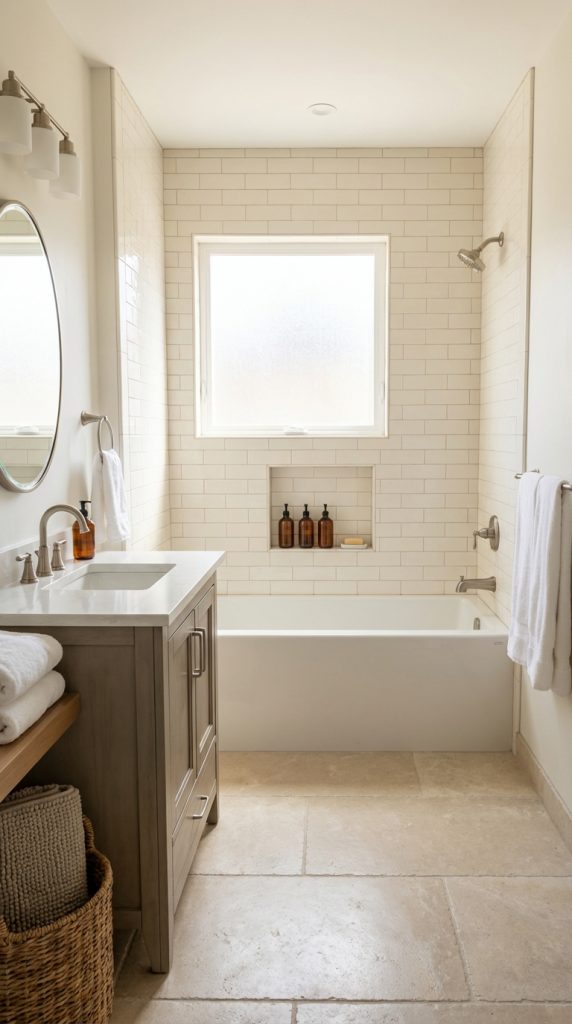 Neutral bathroom idea featuring full-height subway tile, tub-shower combo, recessed niche shelf, wood vanity, and stone tile flooring.