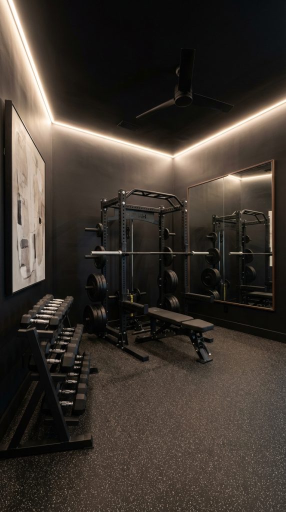 Moody black home gym decor idea with power rack, barbell and weight plates, rubber speckled flooring, wall-length mirror, LED strip ceiling lighting, and matte black ceiling fan.