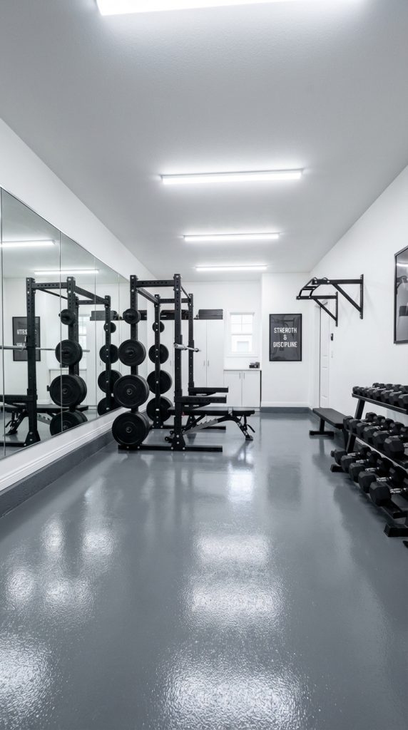 Industrial-style home gym decor idea with mirrored wall, power rack and weight plates, wall-mounted pull-up bar, dumbbell rack, gray epoxy flooring, and bright LED ceiling lights.