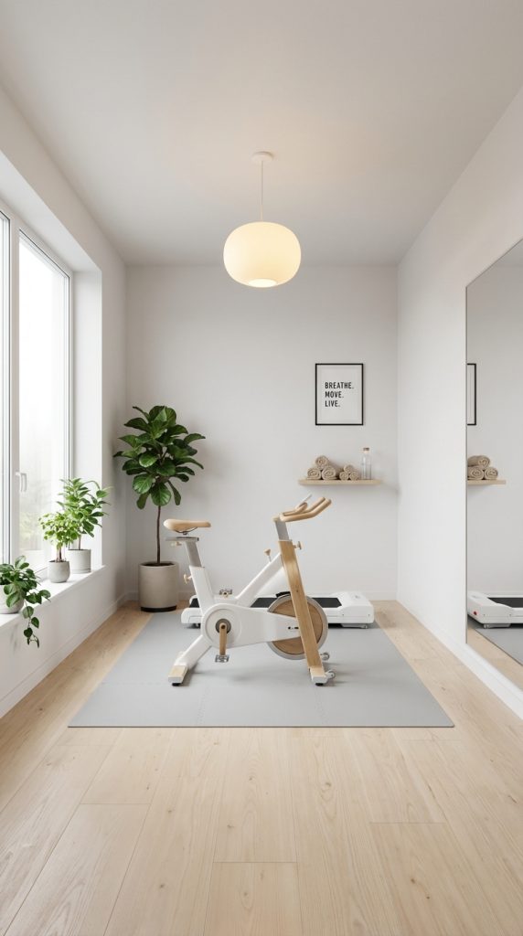 Modern neutral home gym decor idea with white stationary bike, oversized wall mirror, light wood flooring, pendant globe light, indoor plants, and minimalist wall art.