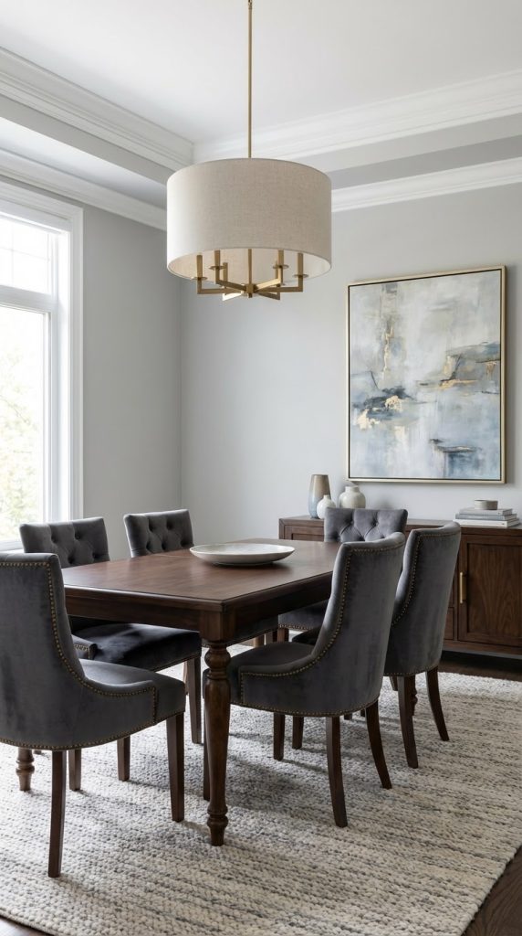 Transitional dining room idea featuring walnut table with turned legs, charcoal velvet nailhead chairs, ivory wool rug, brass linen shade chandelier, and walnut buffet with ceramics.